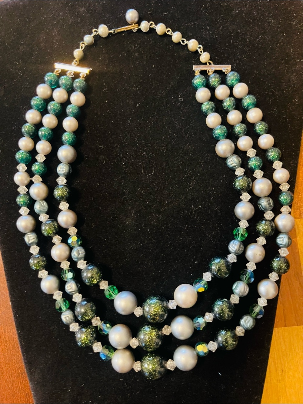 Triple-Strand Green and Ivory Beaded Necklace with Gold Accents